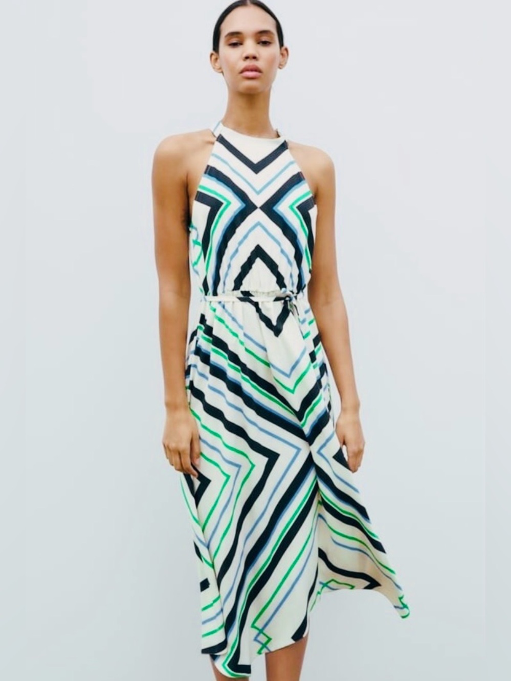 Zara Halter Geometric Stripe Midi Dress - White/Black/Blue/Green